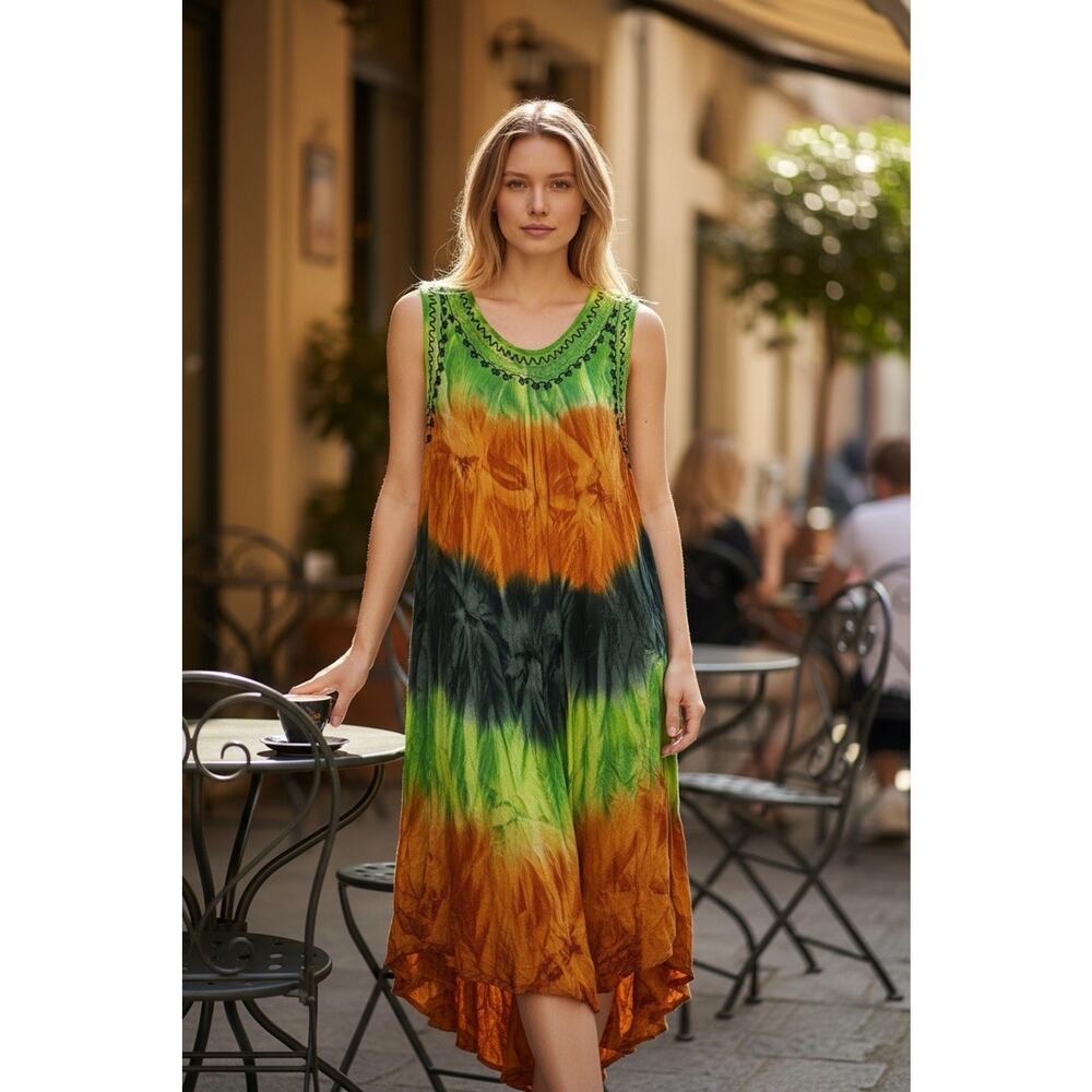 NWT Sacred Threads Midi Dress Hippie Bohemian Festival Stretch Tie Dye One Size